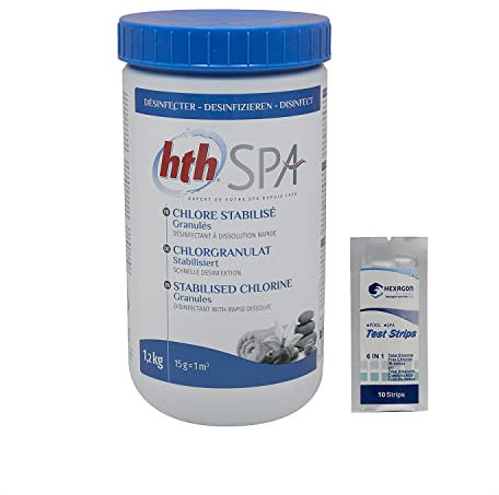 HTH Spa Chlore STABILISE Granulés - 1,2kg | Chlore Choc Stabilisé - Désinfection Choc - Dissolution Rapide + 10 Tests HPS OFFERTS 6 en 1