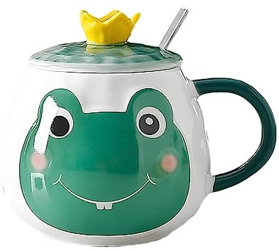Xfeyaqlo Tasse avec Grenouille, Tasse de Petit Déjeuner, Tasse de Lait, Tasse Mignonne, Joli Motif Frais et Uni de Grenouille avec Couvercle à Couronne, en Céramique, 400ml (Vert Foncé)
