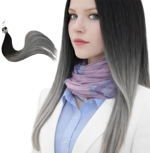 Happyqueen 100s-80g-16 18 20 22 Micro Loop Ring Remy Human Hair Extensions-Grade AAA (#Ombre 1 to Grey, Black to grey, 16)