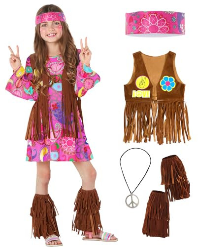 Morph Hippie Kostüm Kinder Rosa, Hippie Kostüm Mädchen, Hippy Kostum Kinder, Halloween Kostum Mädchen, Karneval Kostüme, Fasching, XL
