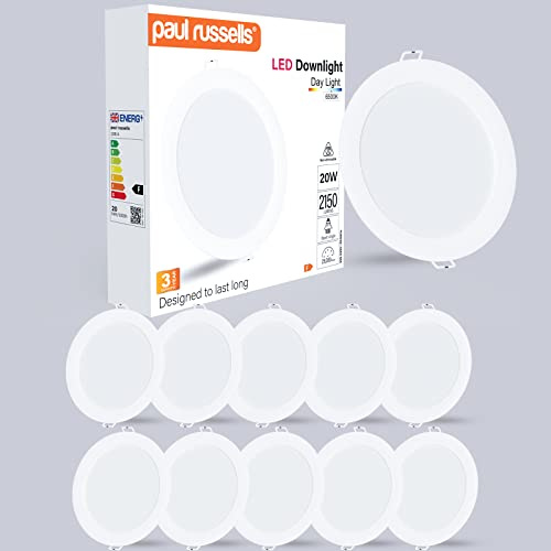 paul russells LED Ceiling Downlights, 20W Slim Recessed Bathroom Downlights, Kitchen Ceilings, 2150 Lumens, 6500K Daylight White, Cutout 170-180mm, Round Non-Dimmable Panel Spotlights, 10 Pack
