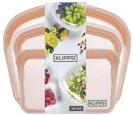 KLIPPSI® 3er Set Wiederverwendbare Silikonbeutel Gefrierbeutel Aufbewahrungsbeutel reißfest, hitze-kältebeständig, auslaufsicher, spülmaschinengeeignet (Apricot)