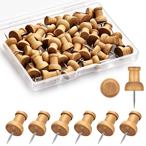 40Pcs Wood Push Pins, Decorative Thumb Tacks, Wooden Pins and Tacks, Cork Board Thumbtacks, Cute Thumbtack for Wall and Bulletin Board, Map Pins