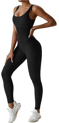 Mayround Damen Yoga Gerippter Einteiler Hoher Taille Leggings Ärmellos Stretch Tank Top Jumpsuits Sexy Bodycon Lang Eng Armellos Bodysuit Stretch Trainingsanzug