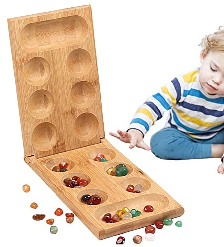 SKUDA Wood Folding Board Game | Portable Foldable Wooden Board, Glass Stones Set - Portable Marble Game for Travel, Folding Board Portable Travel Board Game for Kids and Adults