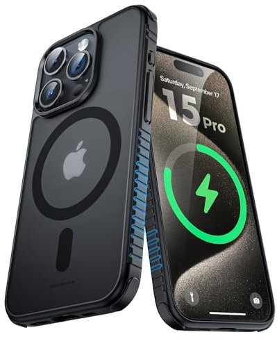 UNBREAKcable Magnetic Case for iPhone 15 Pro, [Compatible with MagSafe] [Military Grade Shockproof] [Non-Slip] Translucent Matte Back Soft Silicone Protective Case Cover for iPhone 15 Pro 6.1- Black