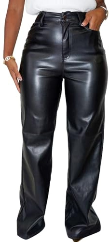 hibshaby Women Faux PU Leather High Waisted Straight Leg Long Pants Zipper Fly Pu Trousers Black L