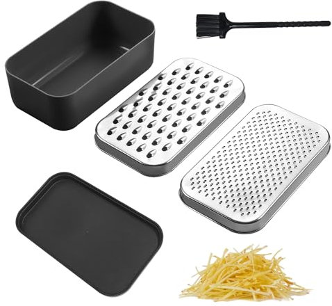 Juego de Rallador de Queso Con Cepillo, Recipiente y Tapa - Rallador de Cocina Multifuncional de Acero Inoxidable - Picadora y Pelador Para Verduras, Frutas y Queso