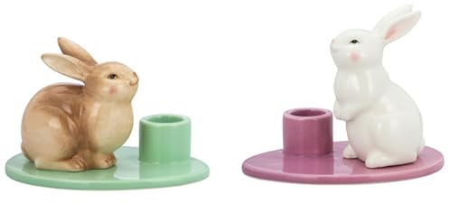 Kerzenhalter Hasen Porzellan - 13 x 9,9 x 8,4 cm Stabkerzenhalter 2-teilig, bunt verziert & farbig sitzend - fröhliche Osterdeko & Frühlingsdeko für Tisch, Wohnzimmer & Geschenkidee