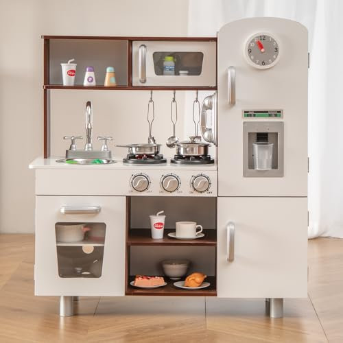 DREAMADE Kinderküche mit Licht und Sound, Kinder Spielzeugküche mit Spüle Herd Mikrowelle Kühlschrank Backofen, Kinderspielküche, Spielküche aus Holz mit Zubehör für Kinder ab 3 Jahren (Weiß + Braun)