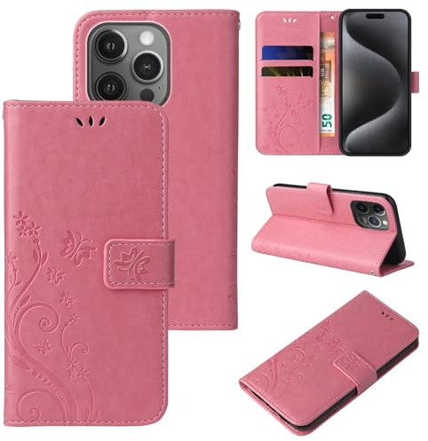 LBH Handy Hülle für Apple iPhone 15 Pro Max Case Handytasche Schmetterling Blumen Flower Standfunktion Schutzhülle Magnet Rundum Schutz 360 Grad Flipcase Cover Rosegold