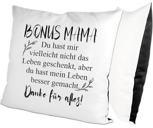 glitzertassen.de® | Bonus Mama | Kissen mit Spruch | Geschenk | Muttertag | Kissen mit Druck | Liebe | Deko Kissen | Fotokissen | Kuschelkissen | Weiß/Schwarz