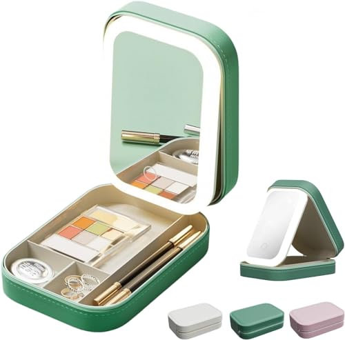 Integrated Makeup Storage Box with Light-Filling Mirror,Led Complementary Light Cosmetic Case,3 Colors Modes Makeup Bag,Portable Cosmetic Storage Case,Travel Makeup Bag with LED Mirror (Green)