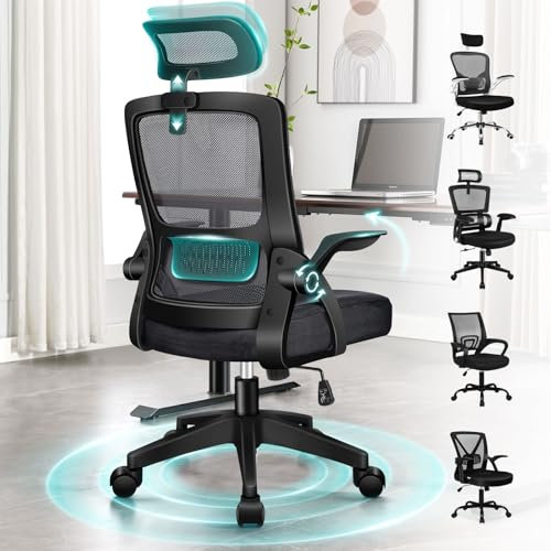 ELFORDSON Ergonomic Office Chair with Flip-up Armrest Footrest for Home Office, Computer Mesh Desk Chair with Headrest Built-in Lumbar Support Swivel Work Chairs, Black