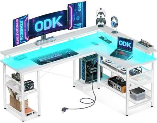 ODK Scrivania con LED, Scrivania Gaming Reversibile con 2 Prese e 2 Porte USB, Scrivanie Angolari con Ripiano in Rete, Bianco 168×120cm