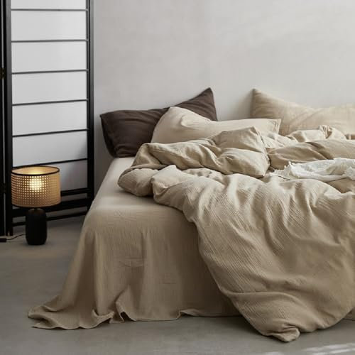 Sedefen Doppelte Musselin Bettwäsche 135x200 Baumwolle,Beige Bettwäsche Sets ÖKO-TEX Bettwäsche mit Reißverschluss,Bettbezug mit 1 Kissenbezüge 80x80 cm