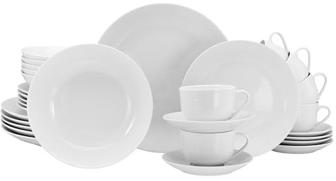 CreaTable, 21926, Serie Luna Weiss, 30-teiliges Geschirrset für 6 Personen, Kombiservice aus Porzellan, spülmaschinen- und mikrowellengeeignet, Qualitätsproduktion