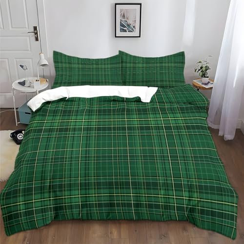 XCQHZYQ Parure de Lit Adulte 2 Personnes 140x200 cm Motif À Carreaux Verts Polycoton avec Fermeture Éclair Housse de Couette +2 Taies d'oreillers 65x65cm Douce et Résistante Aux Rides