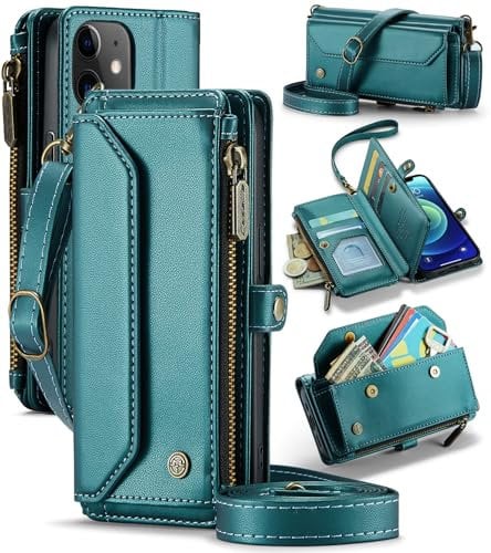 UFinetech for iPhone 12 Mini Case, Crossbody Wallet Phone Case with RFID Blocking Kickstand, Anti-Drop Wireless Charging Card Slots, PU Leather Shoulder Bag Clutch Adjustable Strap, Blue Green
