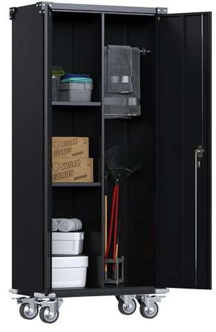 SUPEER Metall Besenschrank, Putzmittelschrank, Mehrzweckschrank, Metall Garage Aufbewahrungsschrank mit Rädern, Besen Schrank Aufbewahrungsschrank mit hängender Stange180x80x40cm(Schwarz)