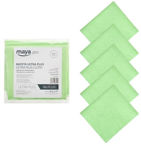 Maya Bayeta Ultra Plus. Especial para Cristales y Acero Inoxidable. Máxima Absorción sin Dejar Marcas. Poder Antical y Antibacterias. Pack de 5 Unidades (Verde)