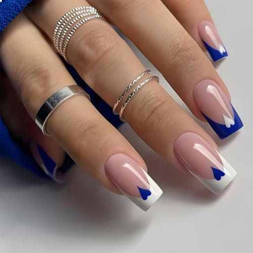 GlamRays 24 Stück Press on Nails Kurz Mittel Quadrat Nägel, French Blau Weiß False Nails mit Herzakzente Klebe Nagel Set Wiederverwendbar Acryl Blaues Herz Quadrat