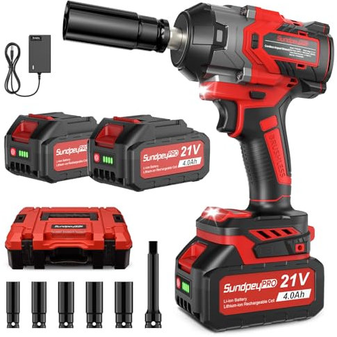 SundpeyPRO Akku Schlagschrauber 800Nm, Schlagschrauber Akku 21V mit 2 * 4000 mAh Akkus, 2800RPM Elektrischer Schlagbohrschrauber 3-Gang-Getriebe, Bürstenloser Motor, Impact Wrench mit 5 Stecknüsse