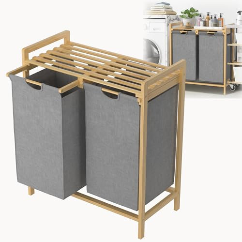 HENGMEI Wäschekorb 2 Fächer Bambus Wäschesortierer mit Ablage Wäschesammler Herausnehmbaren Wäschesäcke Wäschetrenne für Schlafzimmer Waschküche (Grau)