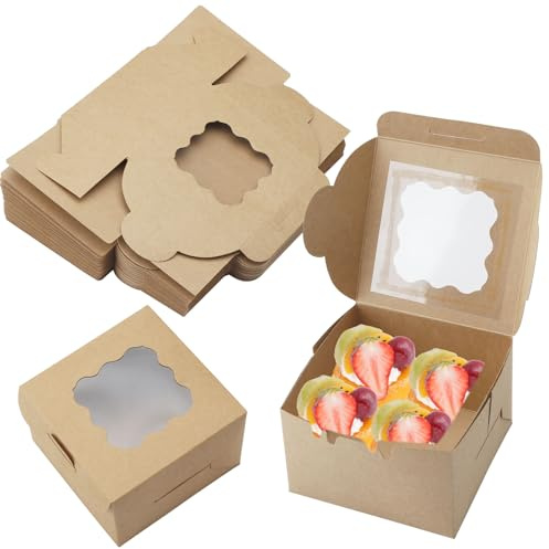 HENGBIRD 25 Stk Braune Kraftpapier Geschenkboxen für Gebäck mit Sichtfenster 10,16x10,16x6,35cm Karton Box Verpackung Pappe Cupcake Schachtel für Kekse Kuchen Dessert
