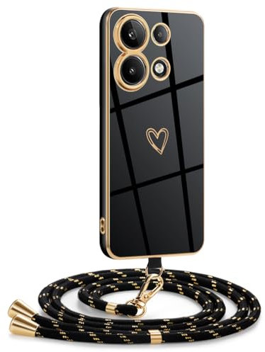 Mkej Cover per Xiaomi Redmi Note 13 4G con cordino, Placcatura Silicone Cuore amore Custodia con Cordino, con Regolabile Staccabile laccio Case per Xiaomi Redmi Note 13 4G, Oro nero