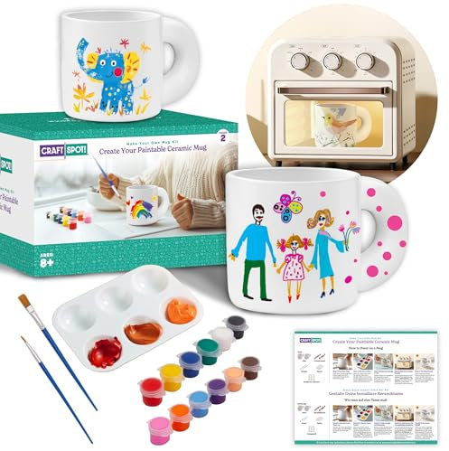 Craft Spot! Paintables Paint Your Own Mug - DIY Mug Painting Kit for Adults Kids, Ceramic Painting Kit Includes 12 Vibrant Paints, 2 Brushes, Design Guide, Personalize Your Own Coffee Cups