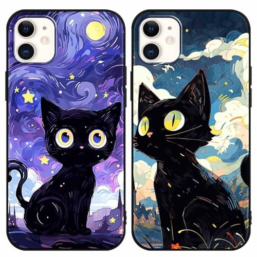 Yimctoie 2 Stück Handyhülle für iPhone 12 mini Hülle 5.4,Cute Anime Katze Sternenhimmel Aesthetic Case,Schwarz Cat Cartoon Ästhetik Starry Night Schutzhülle Silikon TPU Stoßfeste Cover