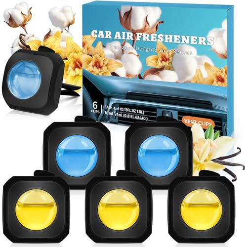 Scent-Hi Auto Duft, Lufterfrischer Auto, Cotton und Vanilla, Auto Lufterfrischer Mit Clip, Duft Auto Innenraum Zur Beseitigung Und Vermeidung Von Gerüchen, 6 Stück x 4ml
