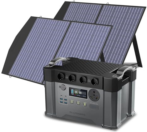 ALLPOWERS 1451Wh Central eléctrica portátil S2000Pro con 2×100W SP027 Panel Solar plegables, 4×2400W Salida CA con MPPT y SAI, Carga rápida 0-80% en 1 h, generador solar para Uso exterior doméstico RV