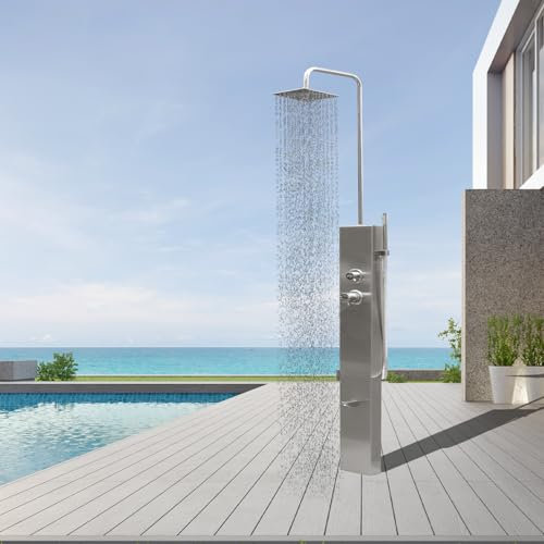 Probility Gartendusche gebürstetem Edelstahl 304, mit Einhebelmischer, Überkopfdusche, Fußdusche und Handbrause, Ohne WPC-Bodenplatte für Garten, Pool und Außenbereich