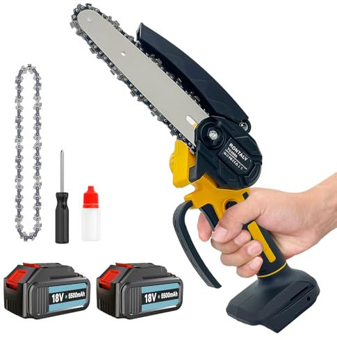 Chainsaw 6 Inch with 2X 5500mAh Batteries, Brushless Cordless Chainsaw Compatible with Battery, for Wood Cutting Tree Trimming Small Chain Saw with Security Lock, Yellow