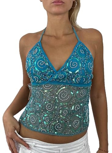 Damen-Tanktop mit Pailletten, Sommer, glitzernd, Neckholder, V-Ausschnitt, ärmellos, Spaghettiträger, Y2K, rückenfrei, Tank-Top, Streetwear