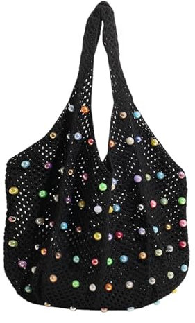 FloralGrace Sac à bandoulière bohème crocheté avec Perles colorées, Sac tissé pour Plage, Femmes (Noir)