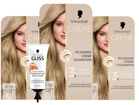Schwarzkopf Creme Supreme Coloration 9-16 Helles Kühles Blond (3x182 ml), dauerhafte Haarfarbe & GLISS SOS-Intensiv-Kur Total Repair 15ml, intensiviert den natürlichen Glanz und die Geschmeidigkeit