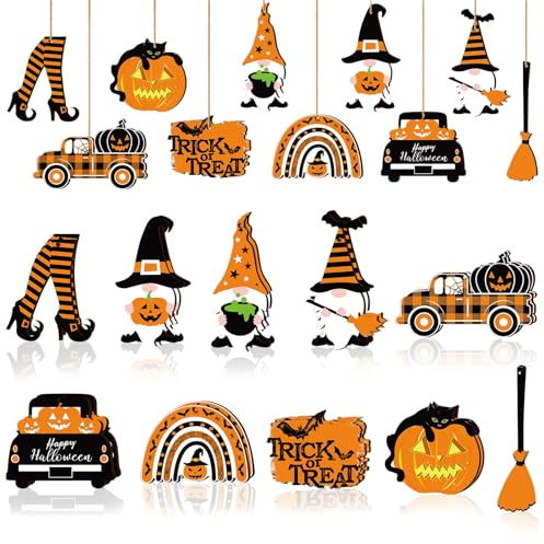 TAXTYHRE 20 Stück Anhänger Halloween Holz, Halloween Baumschmuck, Herbst Kürbis Zwerge Hängend Deko, mit Seil, für Innen Außen Garten Terrasse Zuhause Party Dekoration