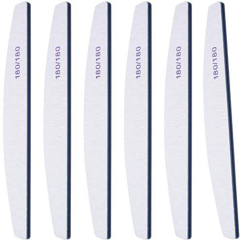 6Pcs Washable Professional Nail Files, 180/180 Grit Double Sided Nail Files for Natural Gel and Acrylic Nails, Half-Moon Fingernail File Manicure Tools Nails Buffing Block for Home Salon