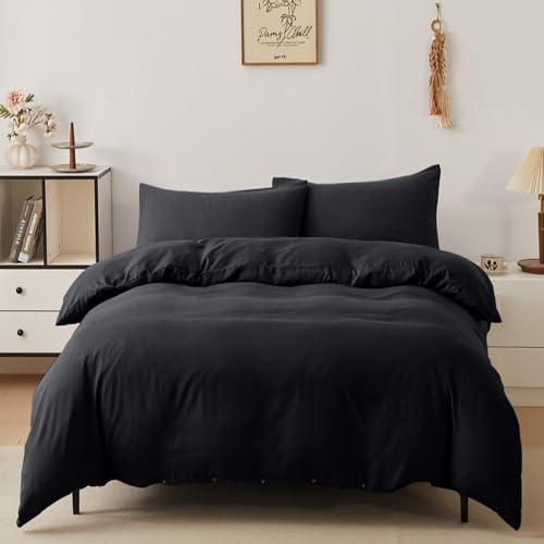 Victoria & Carter Double Duvet Cover Set with 2 Matching Pillowcases – Soft Microfibre Bedding for Double Bed – Lightweight, Easy Care Duvet Cover with Button Closure (Black)