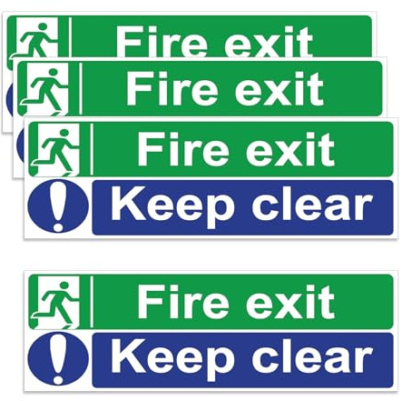 4 Pack Fire Exit Keep Clear Signs, 300 x 100mm Self-Adhesive Stickers | waterproof UV-resistant arrow stickers, easy-apply safety signage, for clear indoor and outdoor fire exit marking