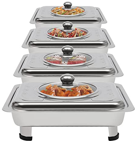 4pcs Chafing Dishes Buffet Set, Food Plate Server with Lids, Rectangular Buffet Food Warmer Serving Tray Plates, Stainless Steel Buffet Food Holders, for Catering, Parties, Weddings, Banquets, Events