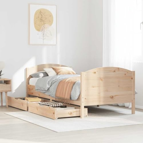 GeenYuu Massivholzbett Kiefernholz 75x190 cm, Lattenrost, Kopfteil, 2 Schubladen auf Rollen, Schlafzimmermöbel