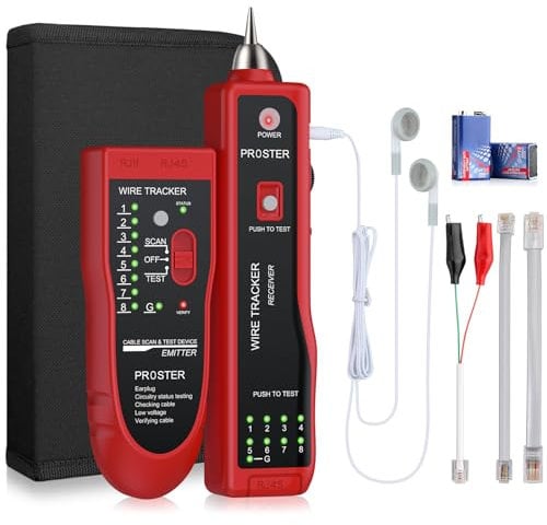 Proster Comprobador de Cables RJ45 RJ11 con Pelacables Tester de Cables de Red con Auriculares Rastreador de Cables para Cables LAN Ethernet RJ45 RJ11 Líneas Telefónicas-Rojo
