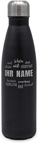 printplanet - Isolierte Trinkflasche mit Text oder Namen graviert - Edelstahl Thermo-Flasche mit Gravur, 500ml - Schwarz - Motiv: Positive Eigenschaften
