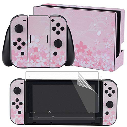 eXtremeRate Adesivo Skin per Nintendo Switch Console Joycon Controller Dock Impugnatura Sticker Pellicola Protettiva Protezioni Schermo per Nintendo Switch-Petali Rosa