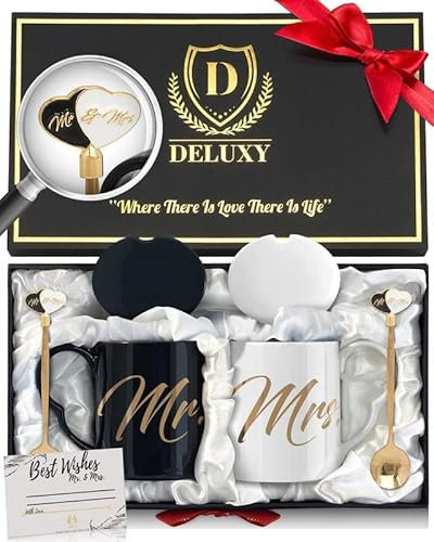 DELUXY Mr and Mrs Coffee Mugs Set- Cool Bridal Shower Gifts for Bride, Wedding Gifts for Couple 2022, Engagement Gifts, Gift for Couple, Mr and Mrs Gifts, Newlywed Gift, Bride and Groom