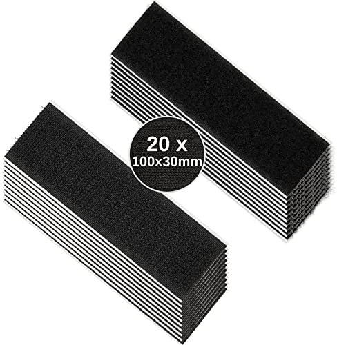 Scratch Autocollant Double Face rectangulaires, Lot de 20, 101 x 30 mm bande à crochets, Noire, Peut être coupé avec des ciseaux, Bande Agrippantes Adhésives, Ruban Scratch Hook Loop, Bande Adhésives